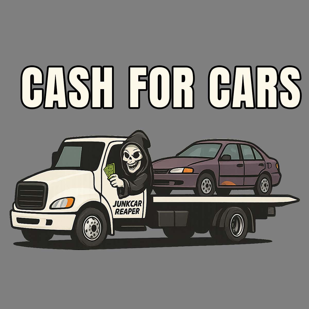 Reap My Ride driving a tow truck with a car on the back that he paid cash for
