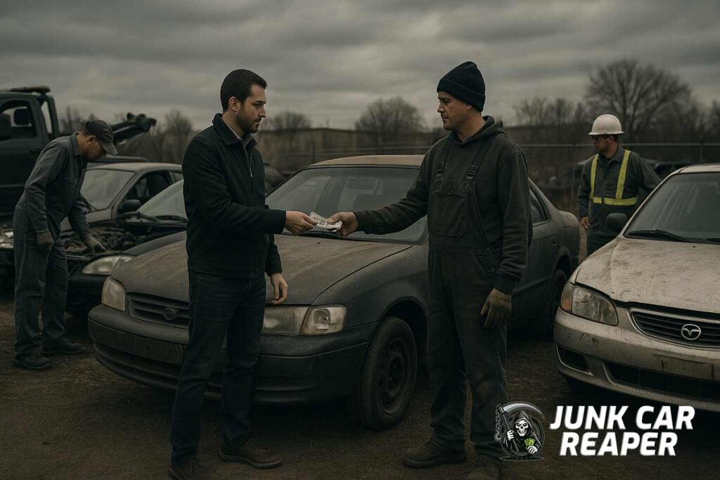 tow truck drivers and scrapyard buyers examining junk cars in salvage yard