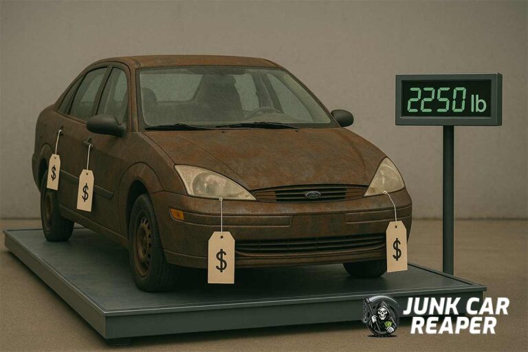 junk car being weighed on scale with visible price tag and scrapyard worker