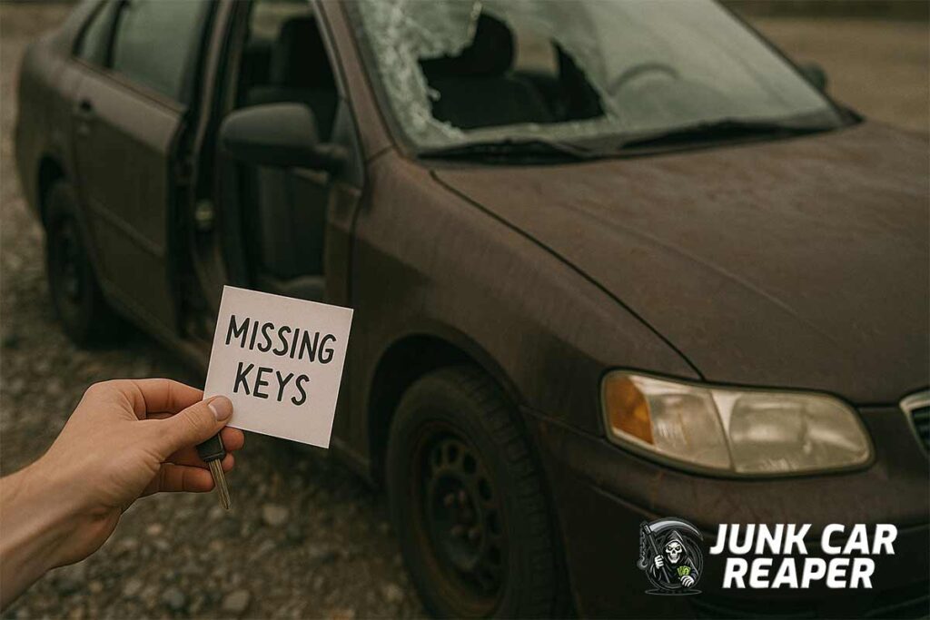 junk car missing keys parked in gravel lot with note on dashboard